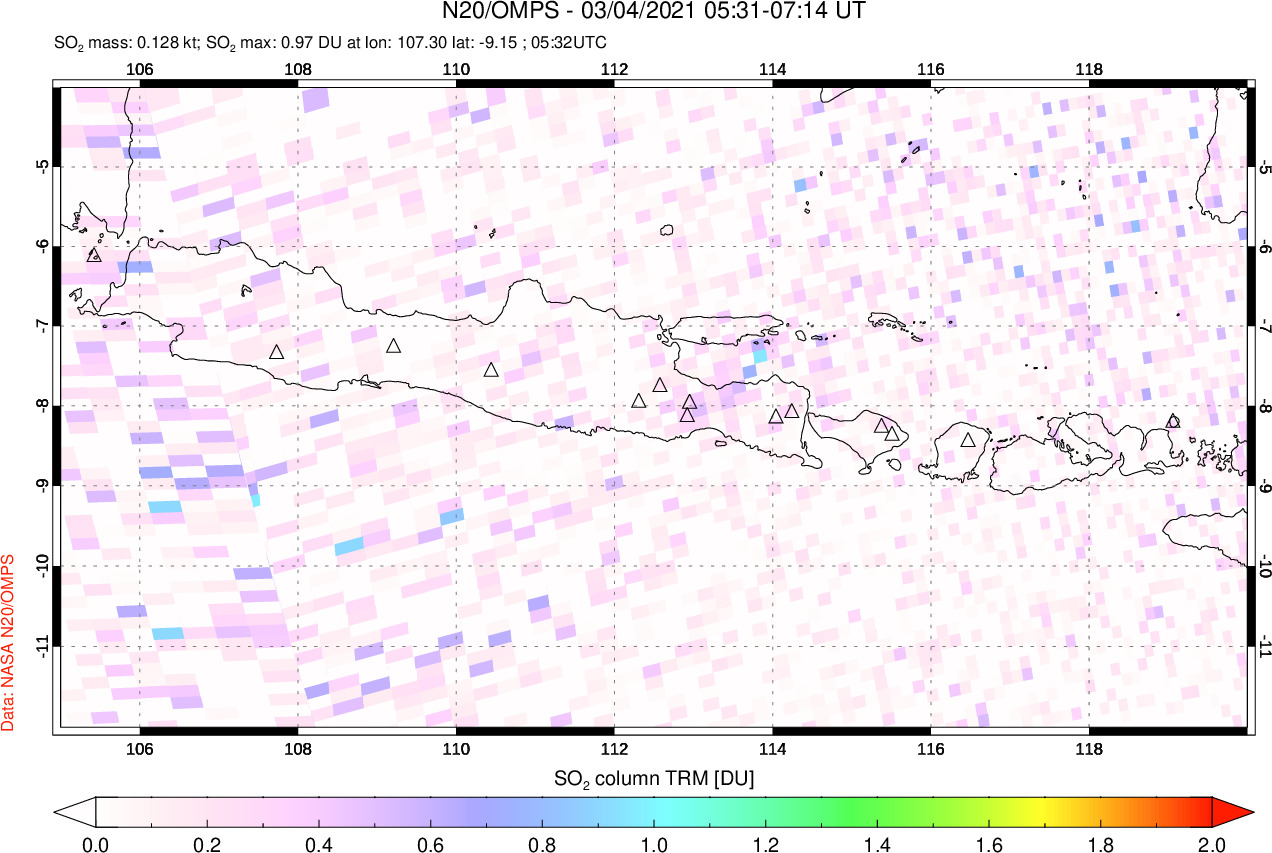 A sulfur dioxide image over Java, Indonesia on Mar 04, 2021.