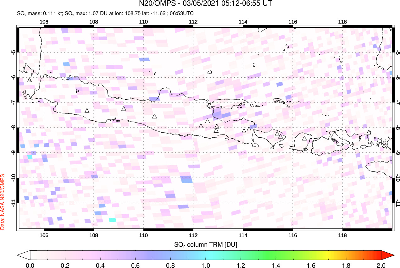 A sulfur dioxide image over Java, Indonesia on Mar 05, 2021.