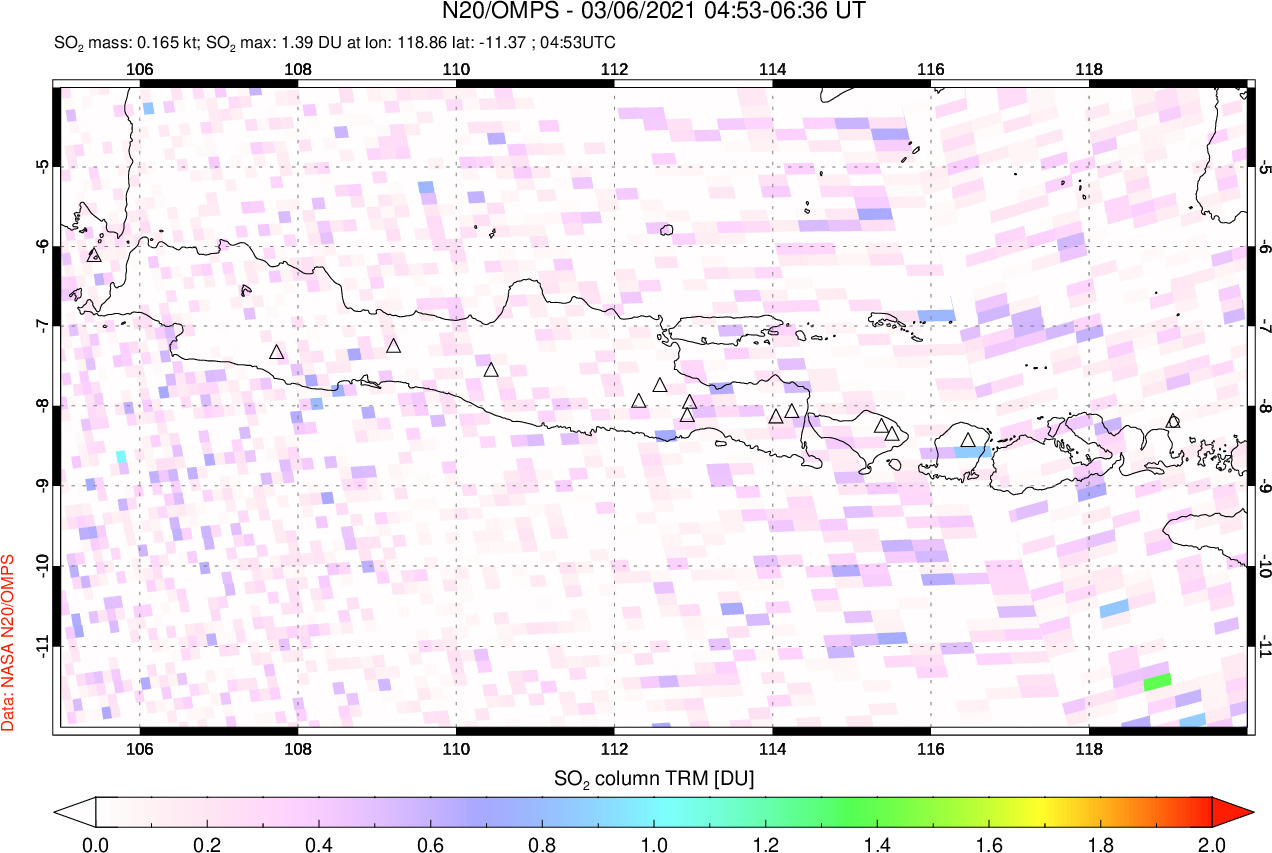A sulfur dioxide image over Java, Indonesia on Mar 06, 2021.