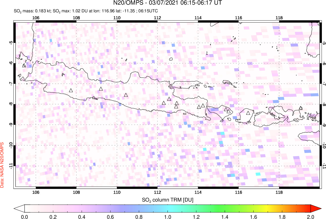 A sulfur dioxide image over Java, Indonesia on Mar 07, 2021.
