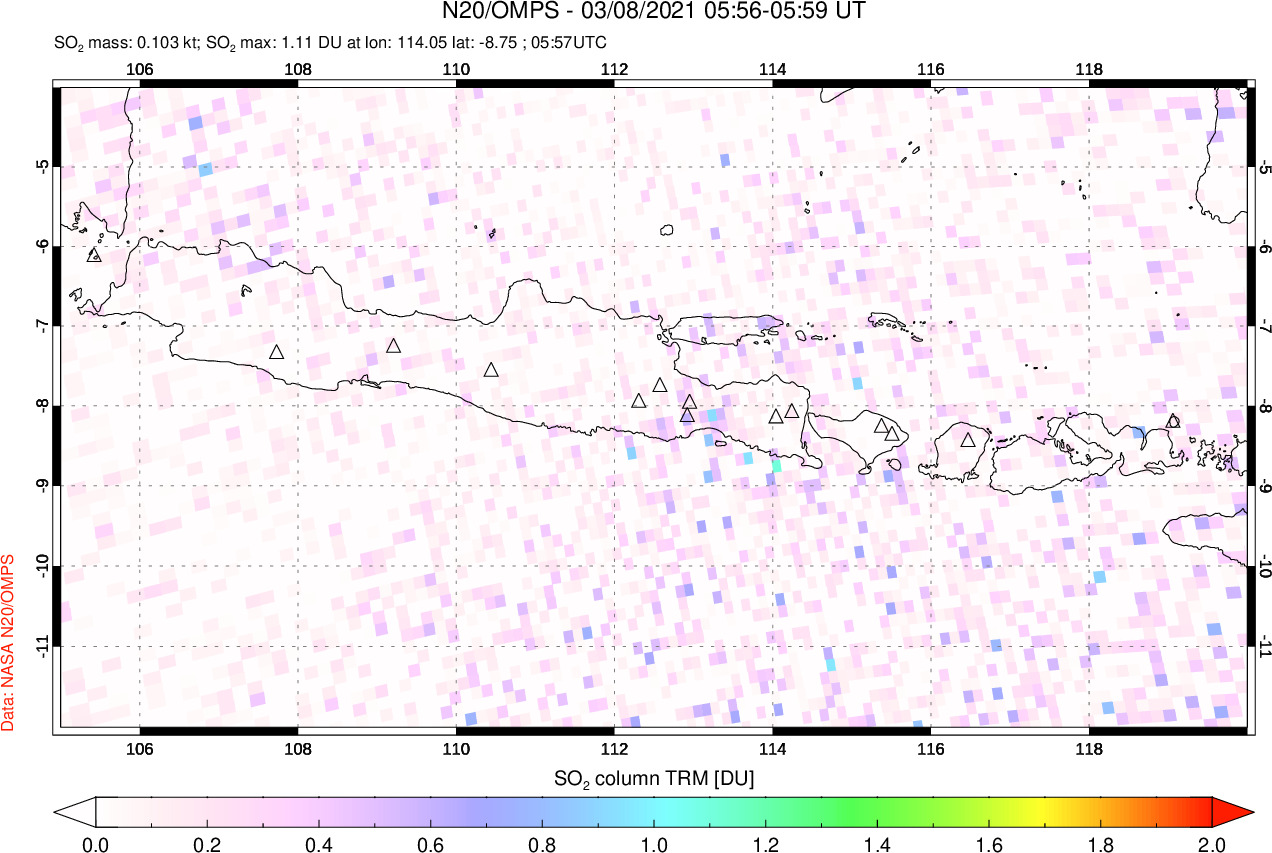 A sulfur dioxide image over Java, Indonesia on Mar 08, 2021.