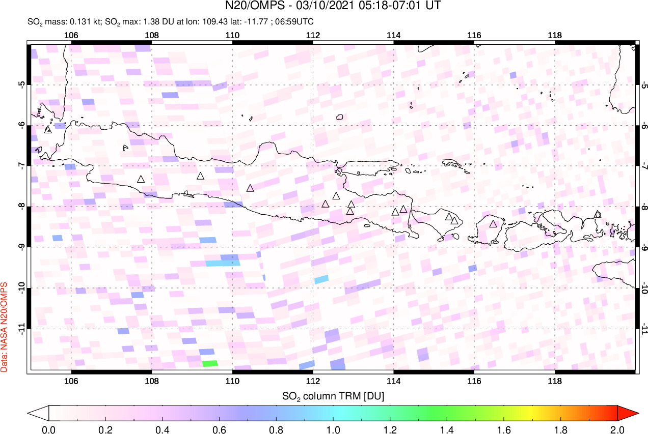 A sulfur dioxide image over Java, Indonesia on Mar 10, 2021.