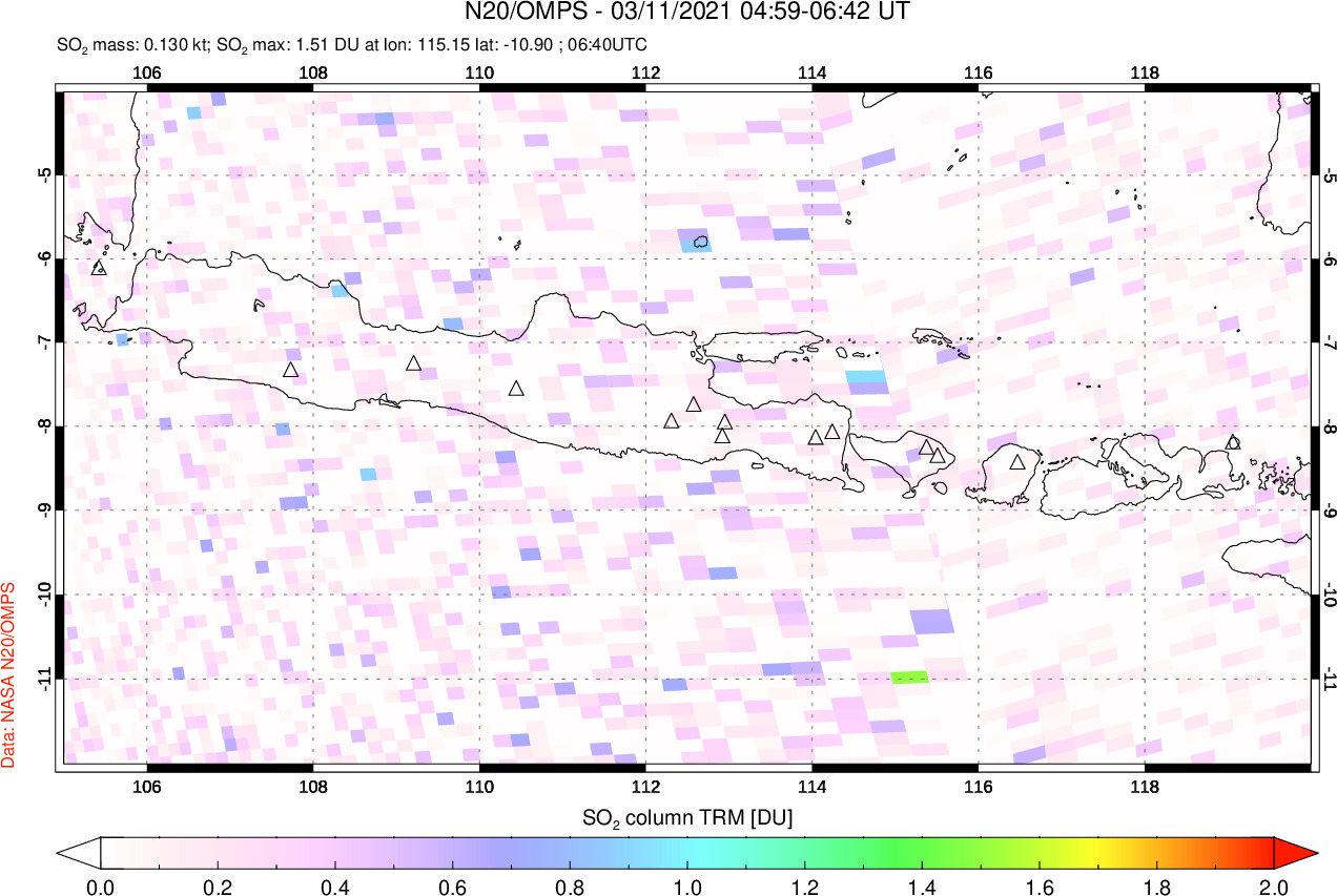 A sulfur dioxide image over Java, Indonesia on Mar 11, 2021.