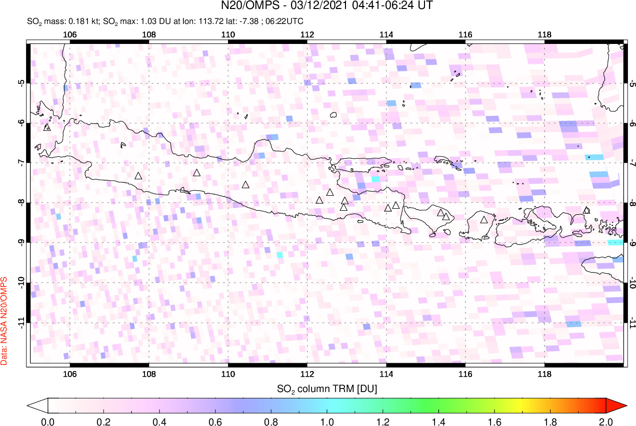 A sulfur dioxide image over Java, Indonesia on Mar 12, 2021.