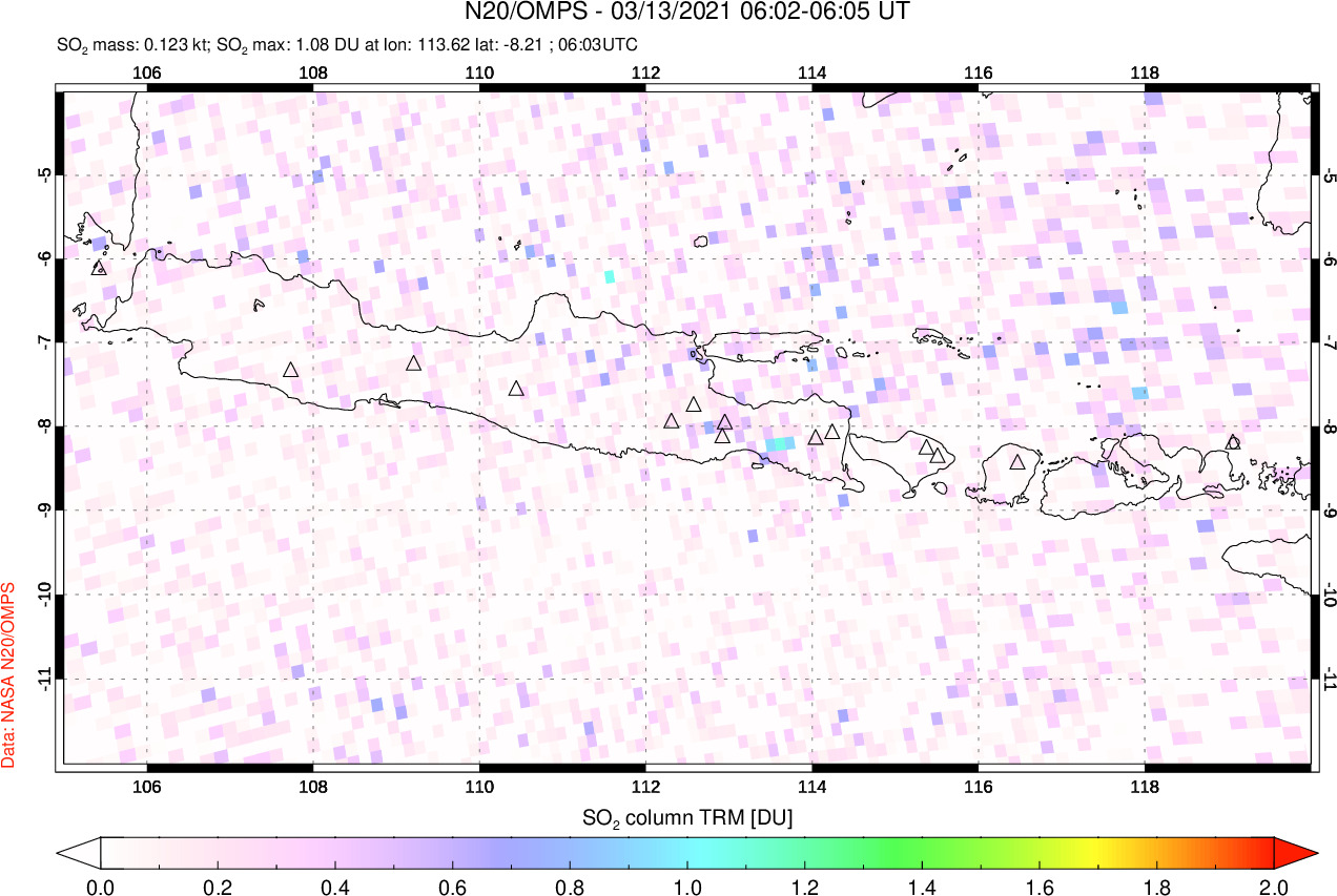 A sulfur dioxide image over Java, Indonesia on Mar 13, 2021.