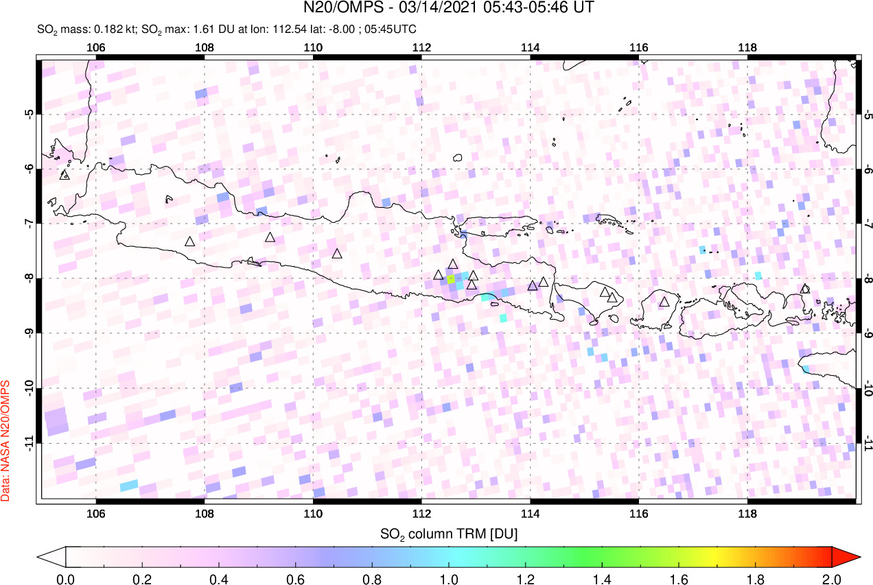 A sulfur dioxide image over Java, Indonesia on Mar 14, 2021.
