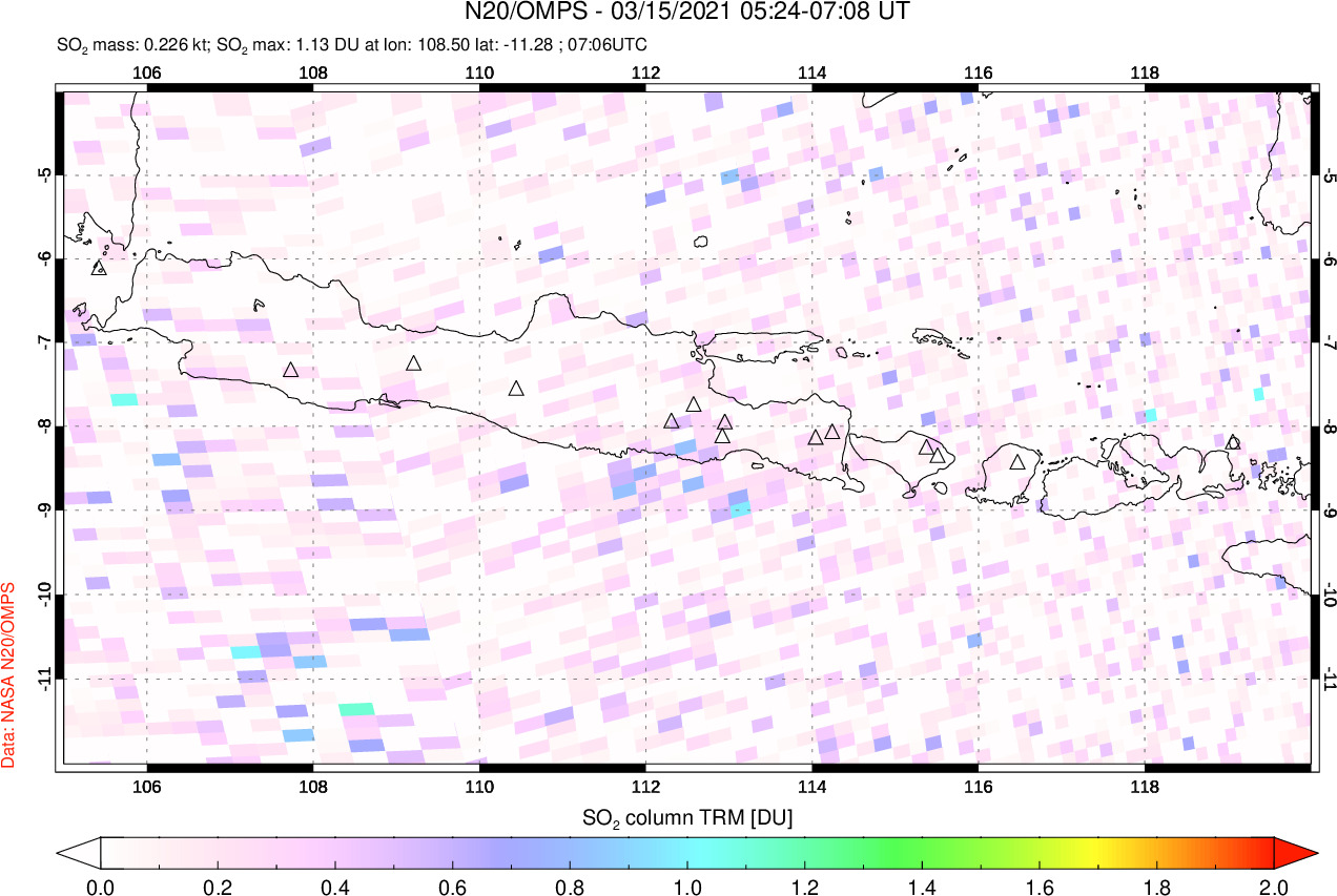 A sulfur dioxide image over Java, Indonesia on Mar 15, 2021.