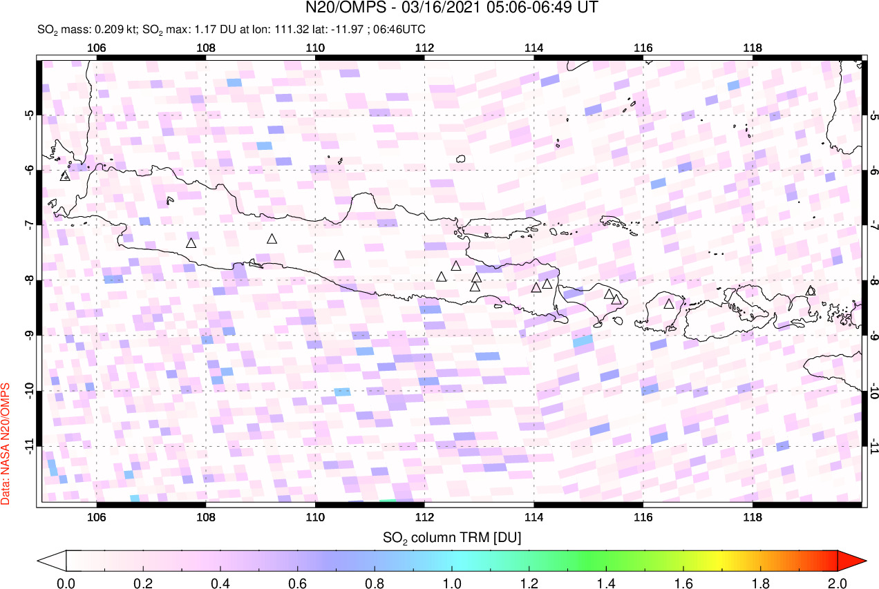 A sulfur dioxide image over Java, Indonesia on Mar 16, 2021.