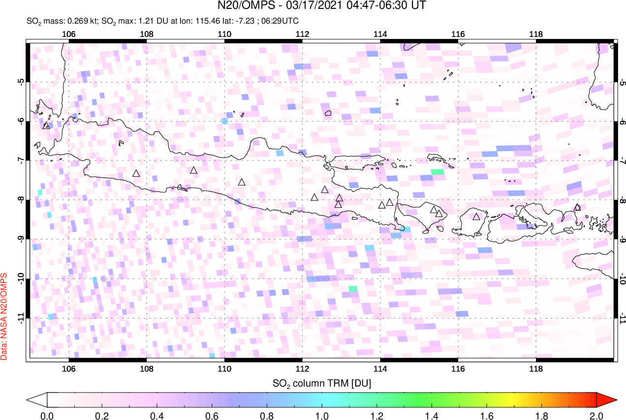 A sulfur dioxide image over Java, Indonesia on Mar 17, 2021.