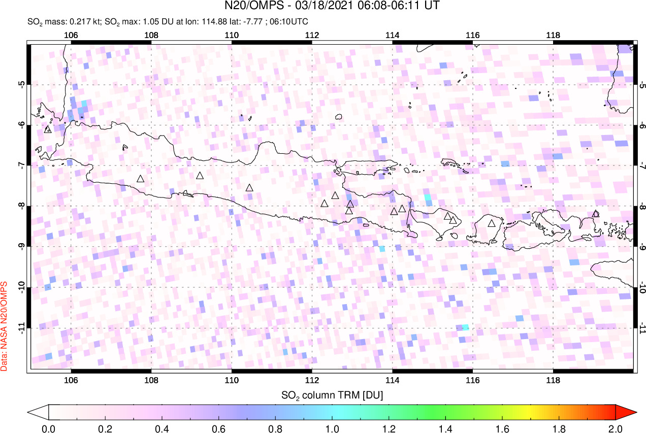 A sulfur dioxide image over Java, Indonesia on Mar 18, 2021.