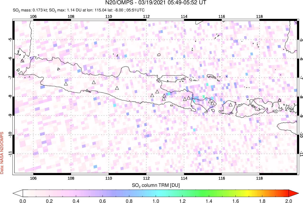 A sulfur dioxide image over Java, Indonesia on Mar 19, 2021.