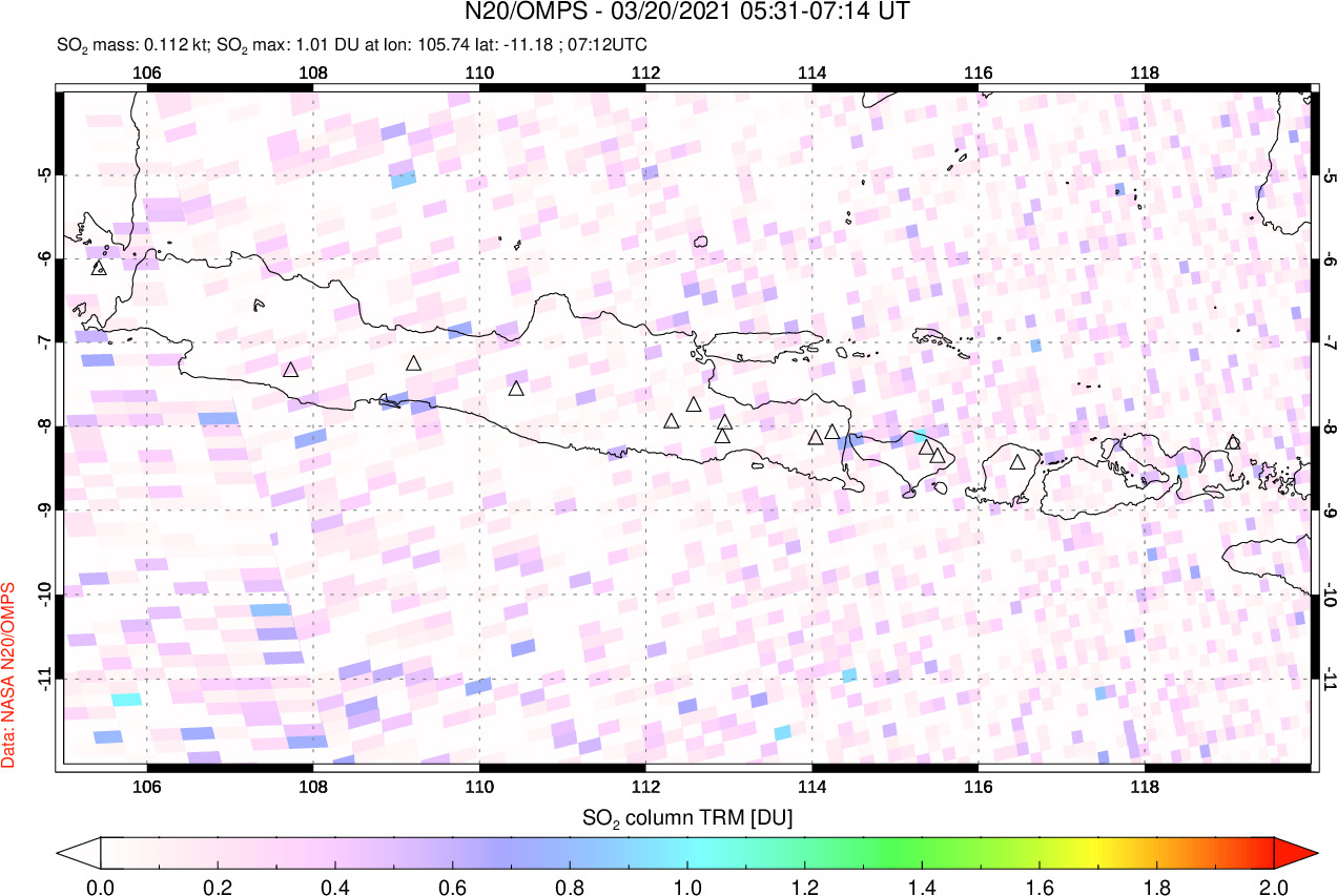 A sulfur dioxide image over Java, Indonesia on Mar 20, 2021.