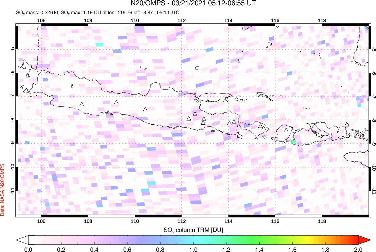 A sulfur dioxide image over Java, Indonesia on Mar 21, 2021.