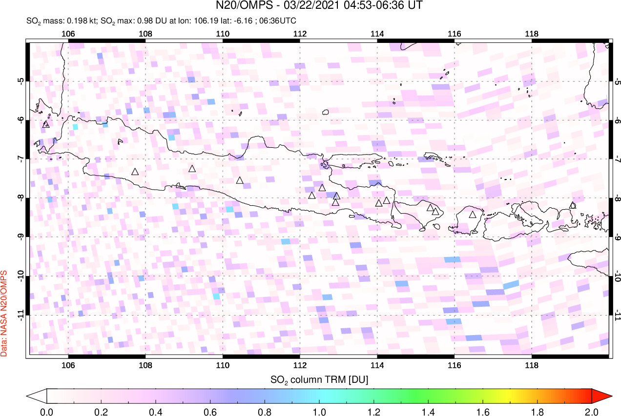 A sulfur dioxide image over Java, Indonesia on Mar 22, 2021.