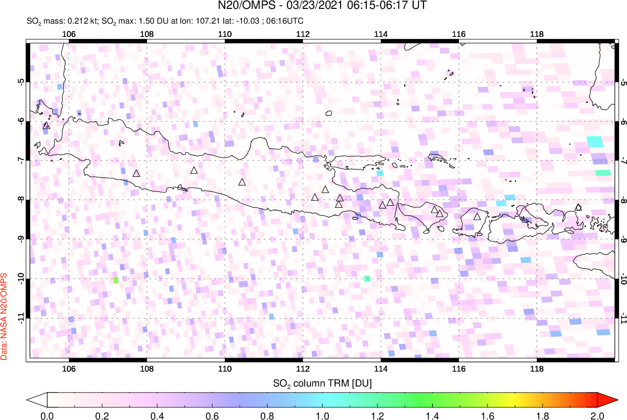 A sulfur dioxide image over Java, Indonesia on Mar 23, 2021.