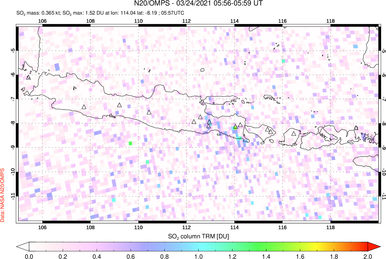 A sulfur dioxide image over Java, Indonesia on Mar 24, 2021.