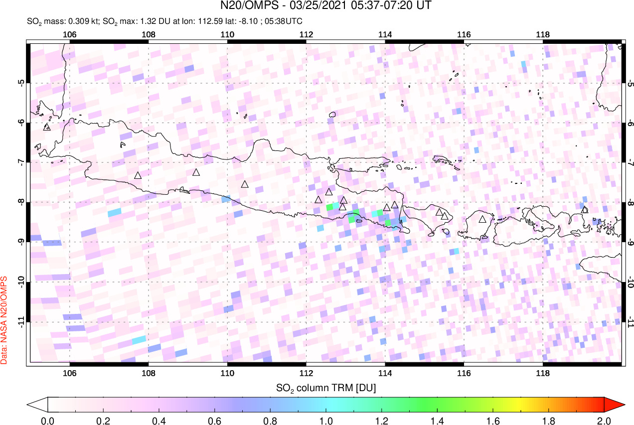 A sulfur dioxide image over Java, Indonesia on Mar 25, 2021.