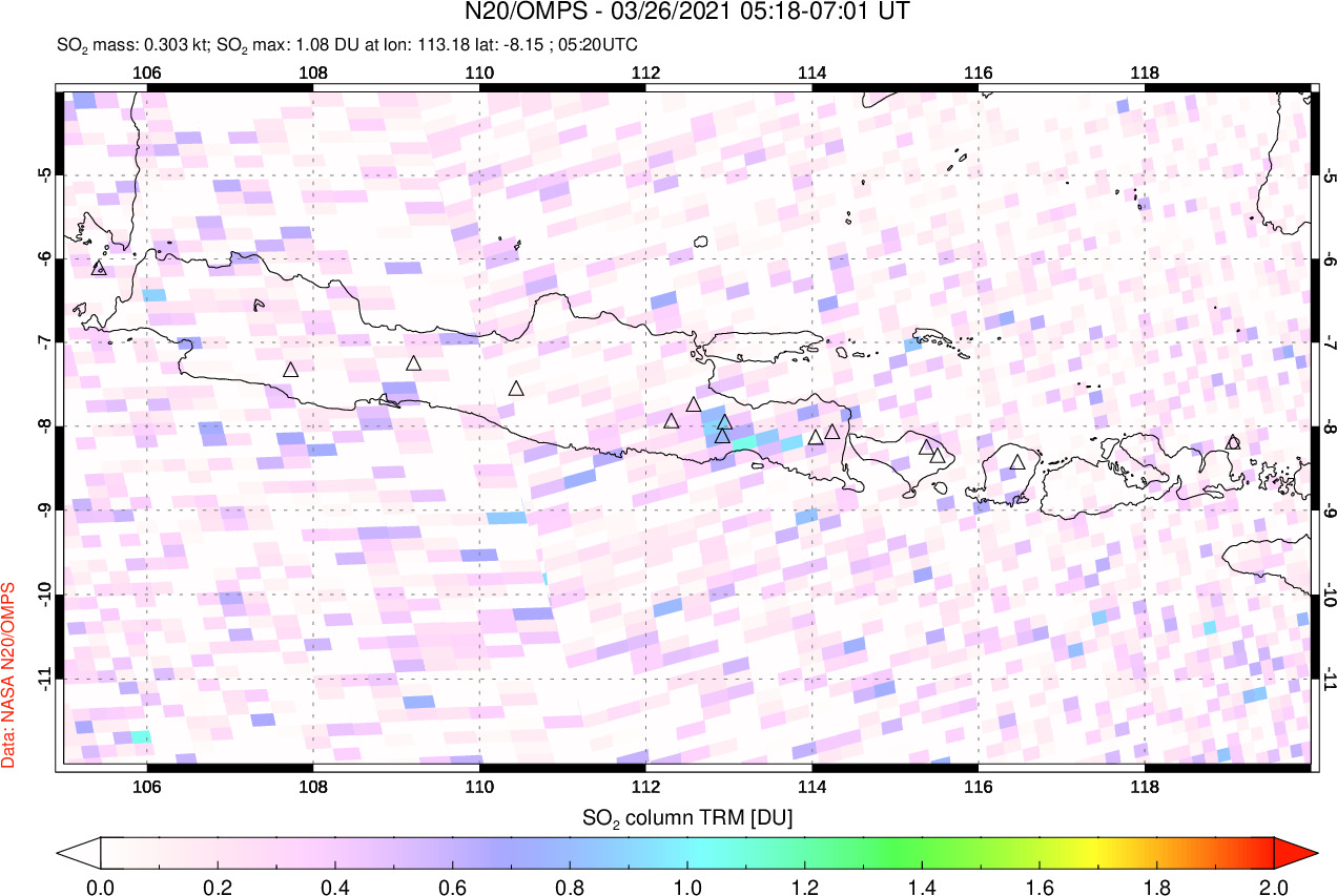 A sulfur dioxide image over Java, Indonesia on Mar 26, 2021.