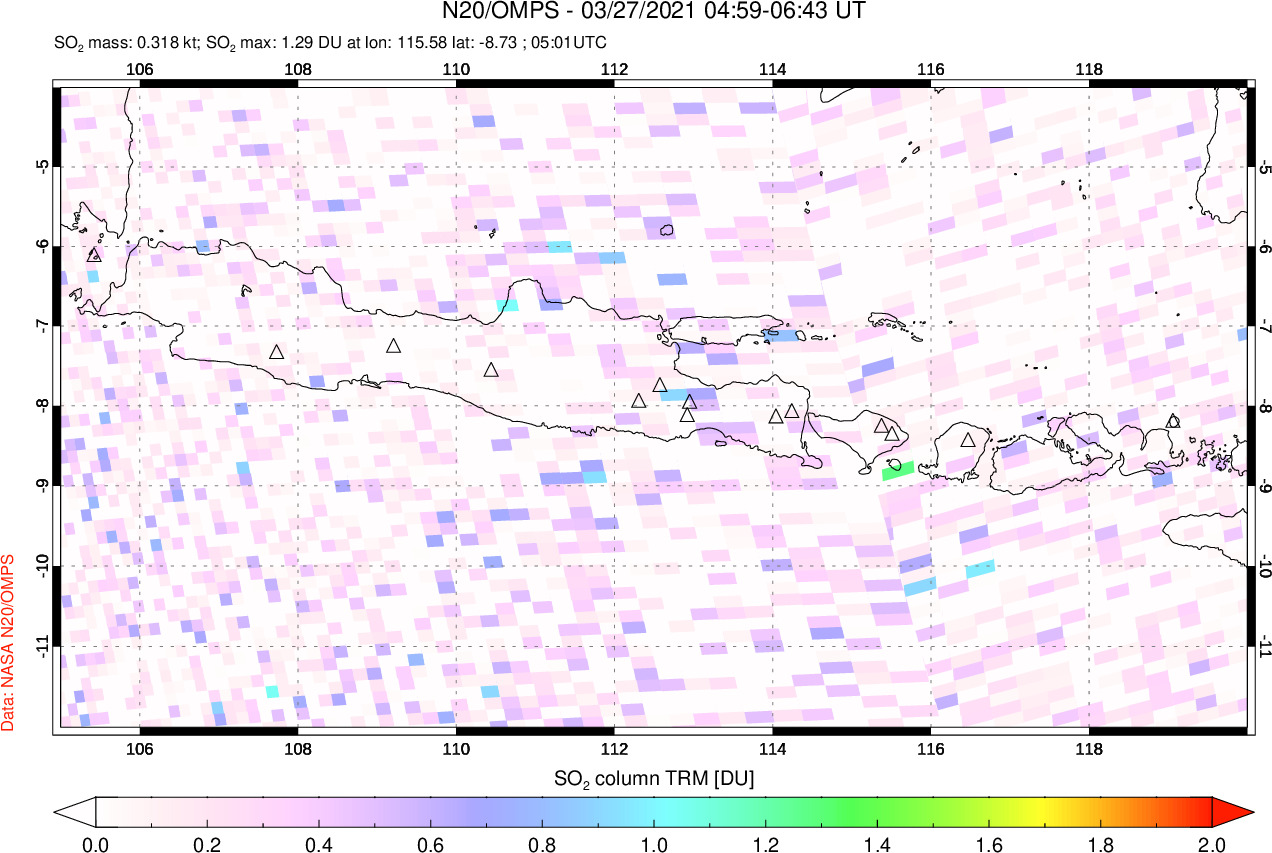 A sulfur dioxide image over Java, Indonesia on Mar 27, 2021.