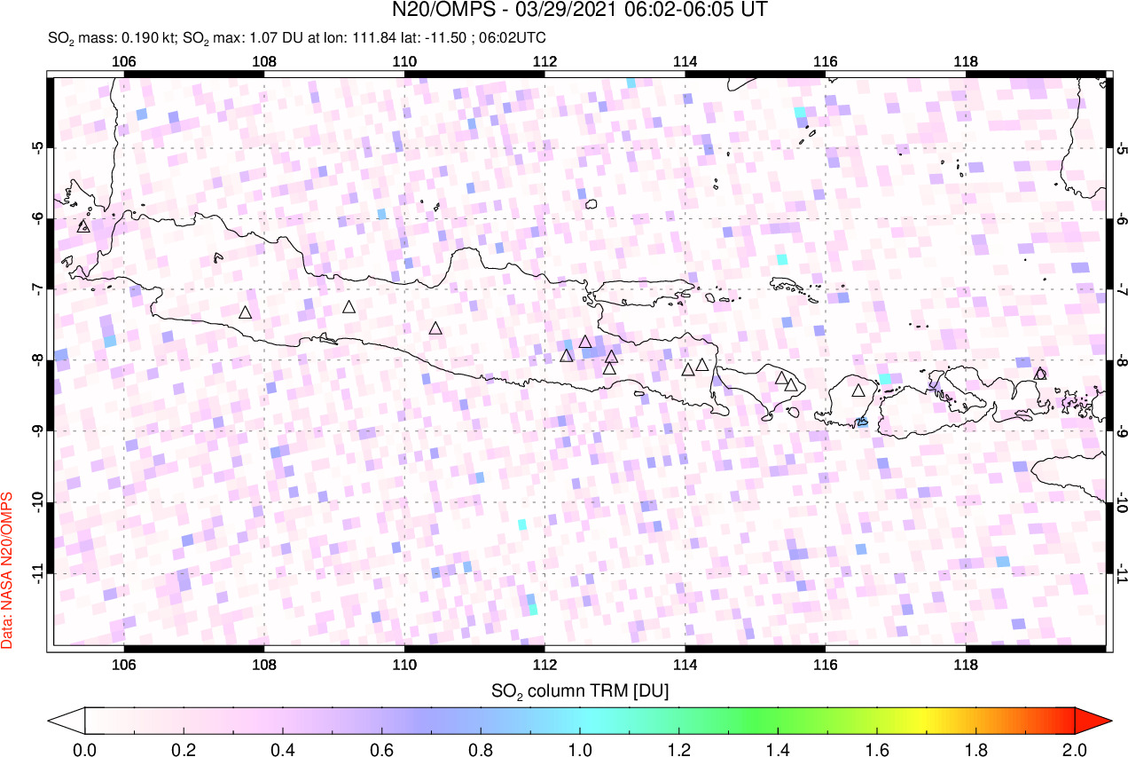 A sulfur dioxide image over Java, Indonesia on Mar 29, 2021.