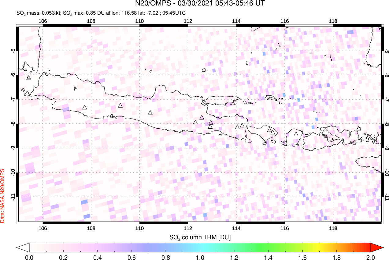 A sulfur dioxide image over Java, Indonesia on Mar 30, 2021.