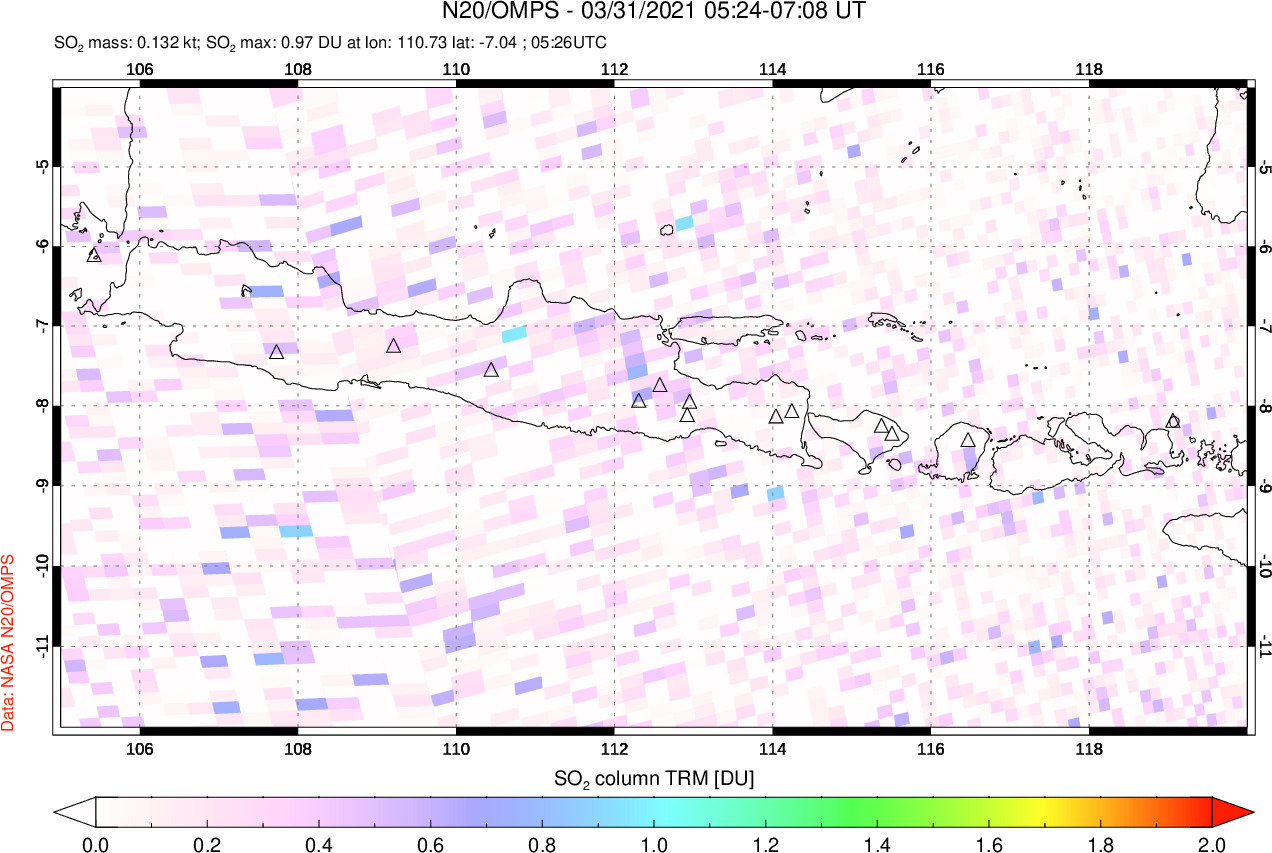 A sulfur dioxide image over Java, Indonesia on Mar 31, 2021.