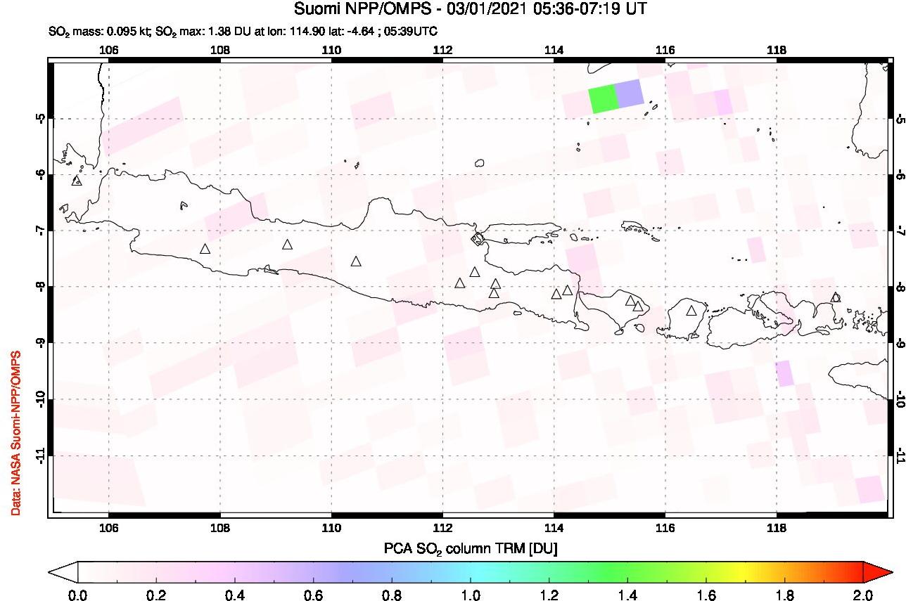 A sulfur dioxide image over Java, Indonesia on Mar 01, 2021.