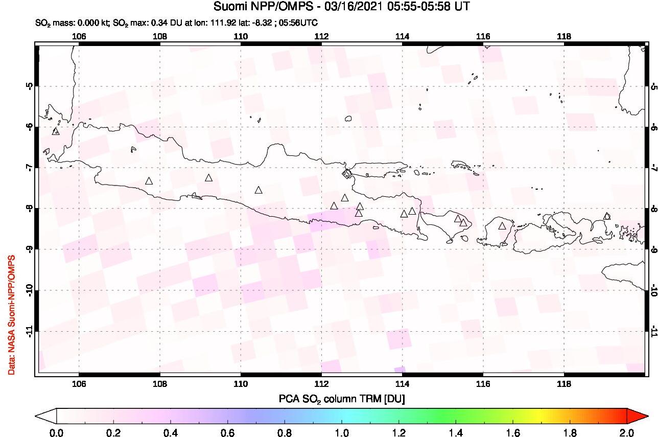 A sulfur dioxide image over Java, Indonesia on Mar 16, 2021.