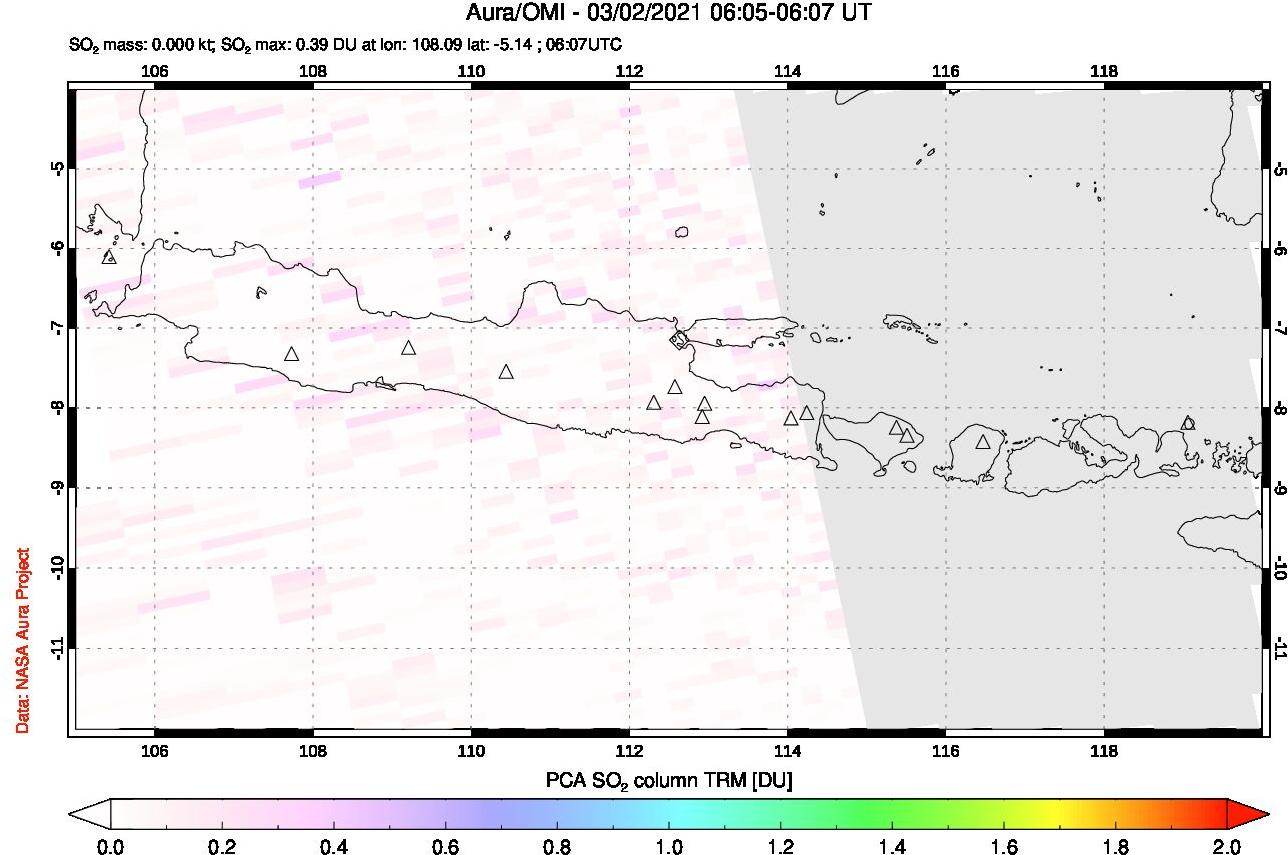 A sulfur dioxide image over Java, Indonesia on Mar 02, 2021.