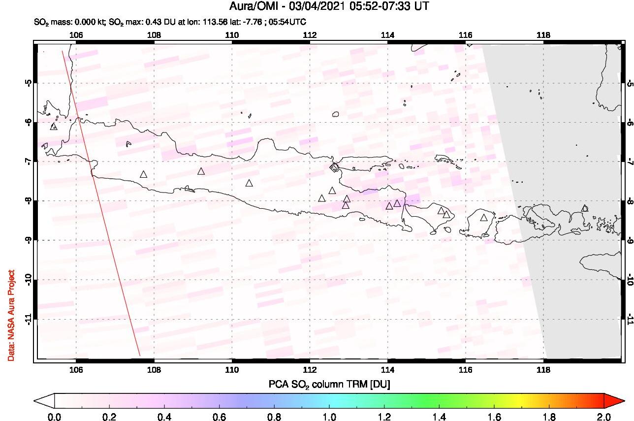A sulfur dioxide image over Java, Indonesia on Mar 04, 2021.