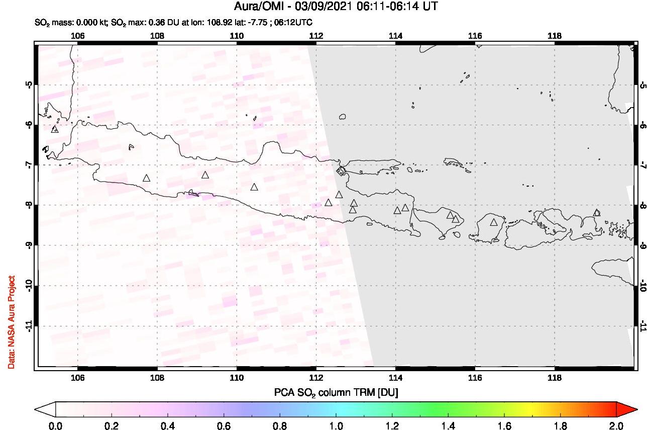 A sulfur dioxide image over Java, Indonesia on Mar 09, 2021.