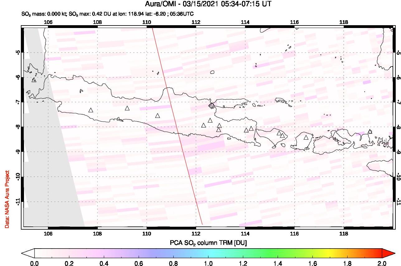 A sulfur dioxide image over Java, Indonesia on Mar 15, 2021.