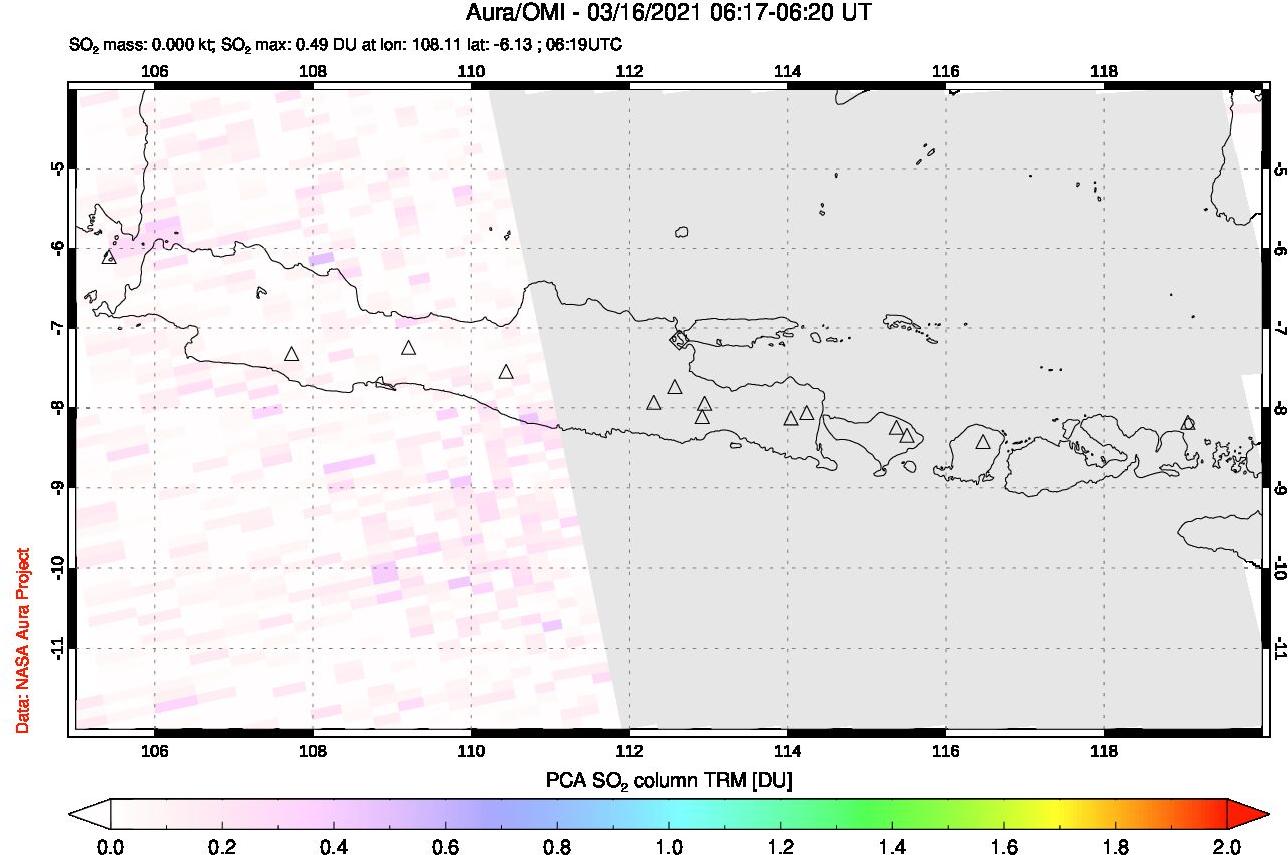 A sulfur dioxide image over Java, Indonesia on Mar 16, 2021.