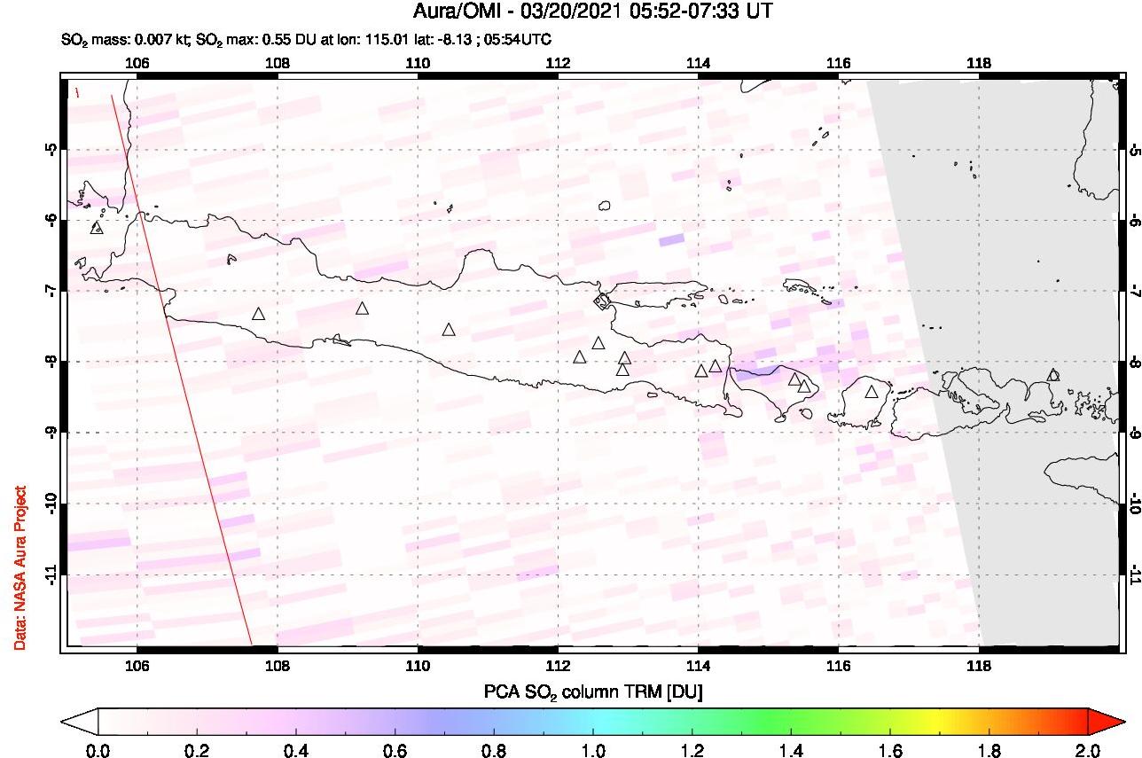 A sulfur dioxide image over Java, Indonesia on Mar 20, 2021.