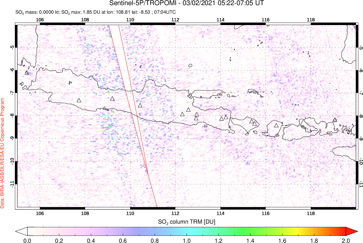 A sulfur dioxide image over Java, Indonesia on Mar 02, 2021.