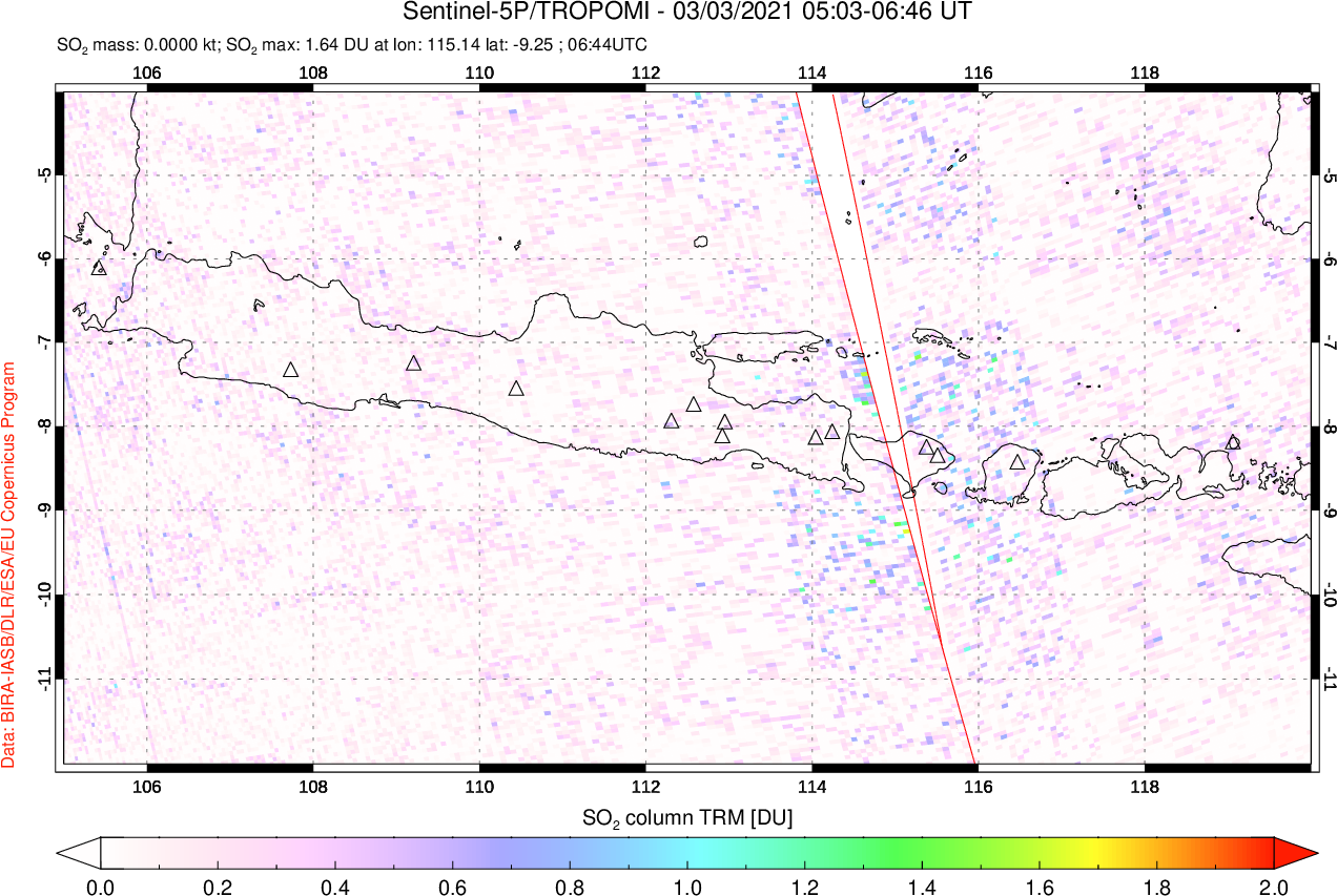 A sulfur dioxide image over Java, Indonesia on Mar 03, 2021.
