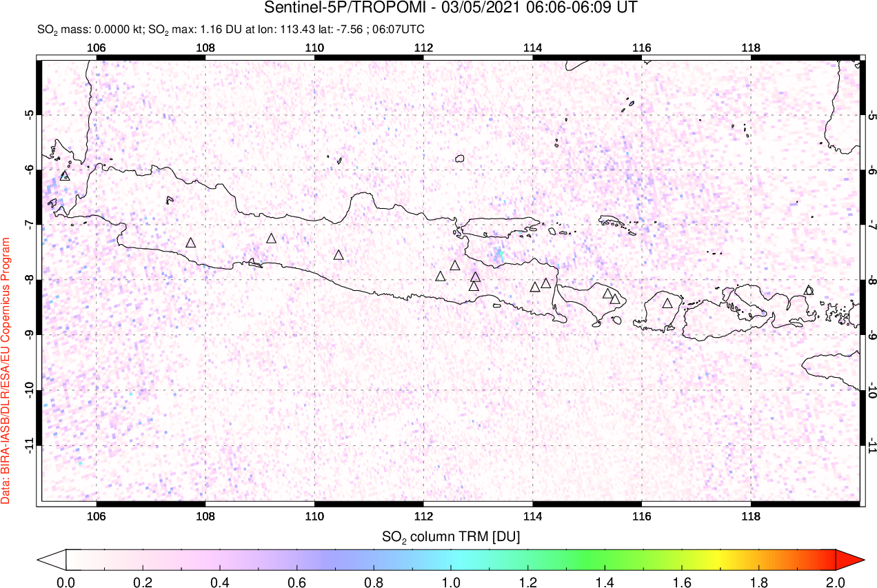 A sulfur dioxide image over Java, Indonesia on Mar 05, 2021.
