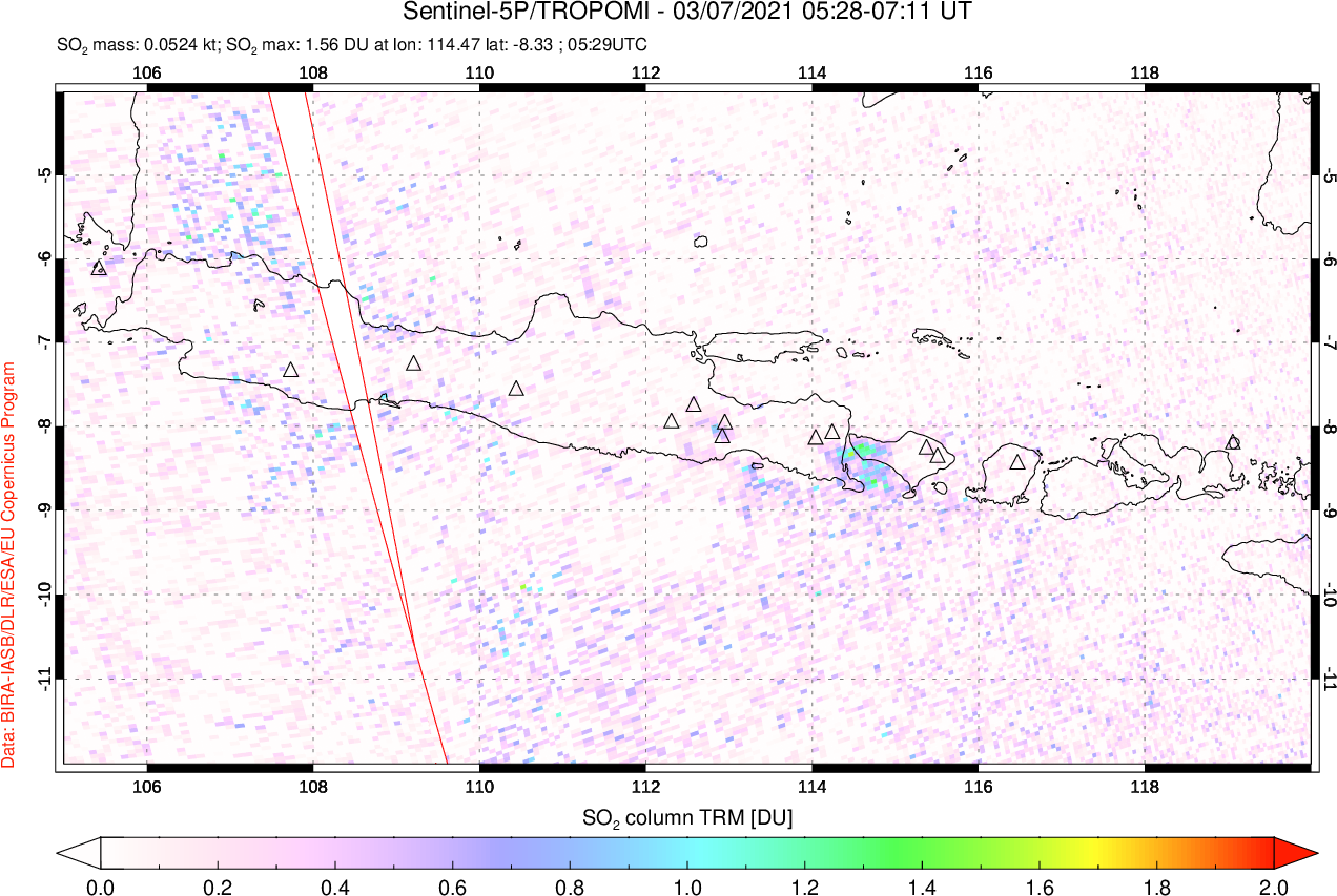 A sulfur dioxide image over Java, Indonesia on Mar 07, 2021.