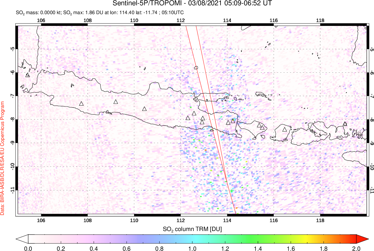 A sulfur dioxide image over Java, Indonesia on Mar 08, 2021.