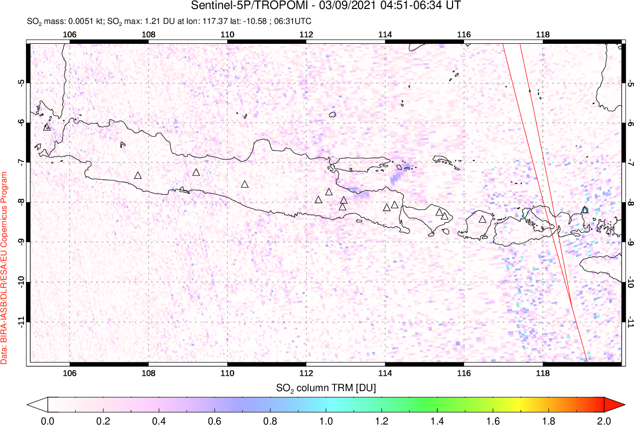 A sulfur dioxide image over Java, Indonesia on Mar 09, 2021.