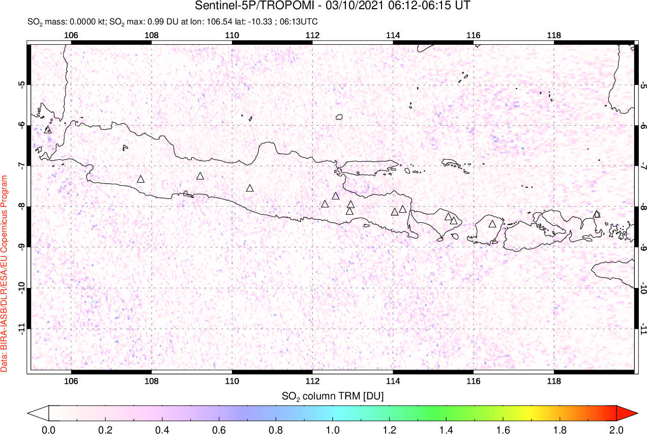 A sulfur dioxide image over Java, Indonesia on Mar 10, 2021.