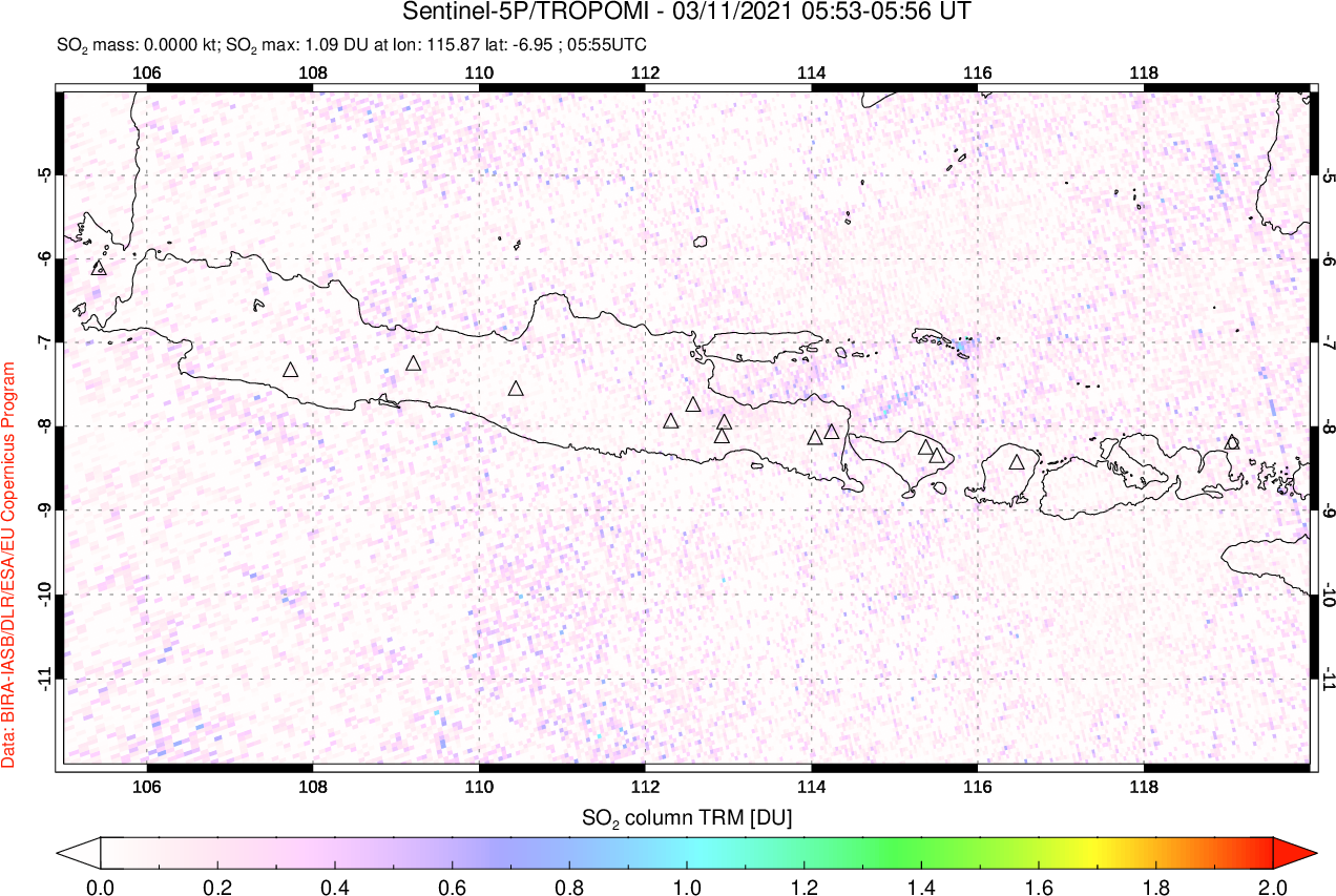 A sulfur dioxide image over Java, Indonesia on Mar 11, 2021.