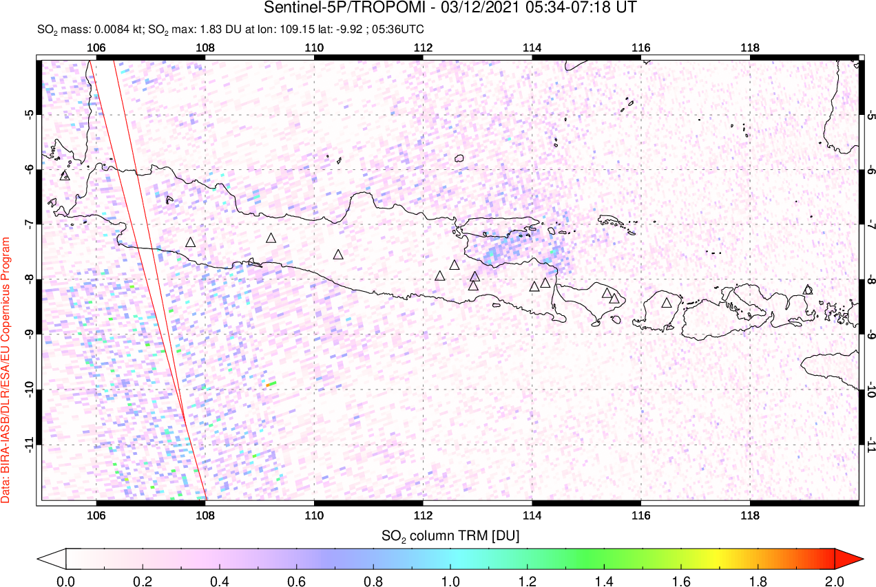 A sulfur dioxide image over Java, Indonesia on Mar 12, 2021.