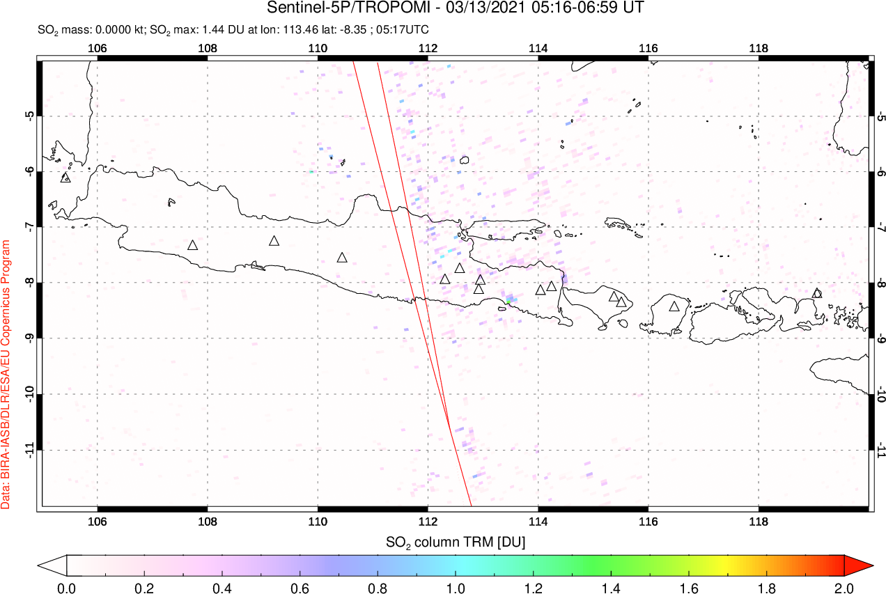 A sulfur dioxide image over Java, Indonesia on Mar 13, 2021.