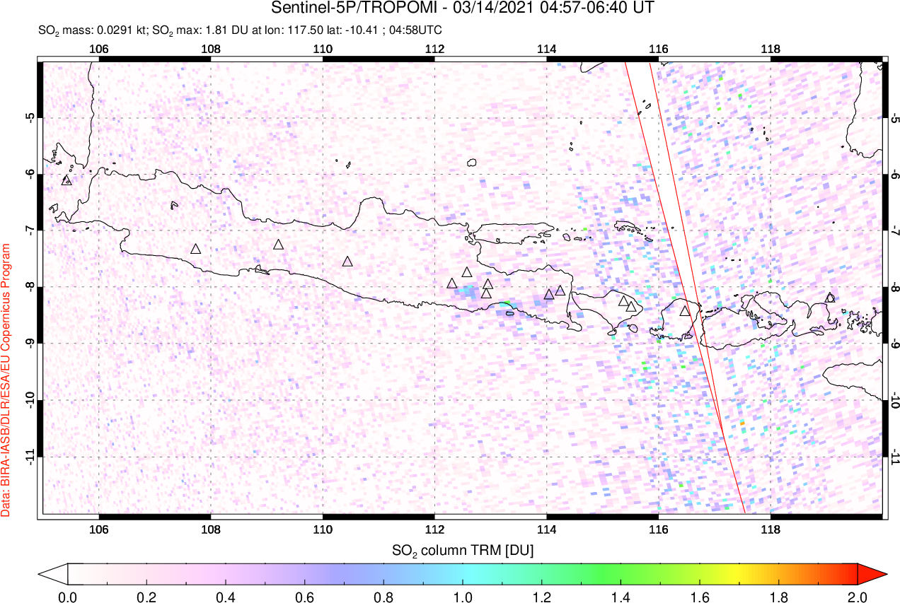 A sulfur dioxide image over Java, Indonesia on Mar 14, 2021.