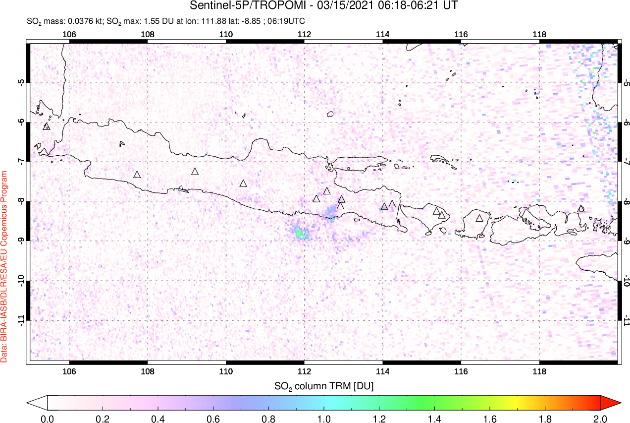 A sulfur dioxide image over Java, Indonesia on Mar 15, 2021.