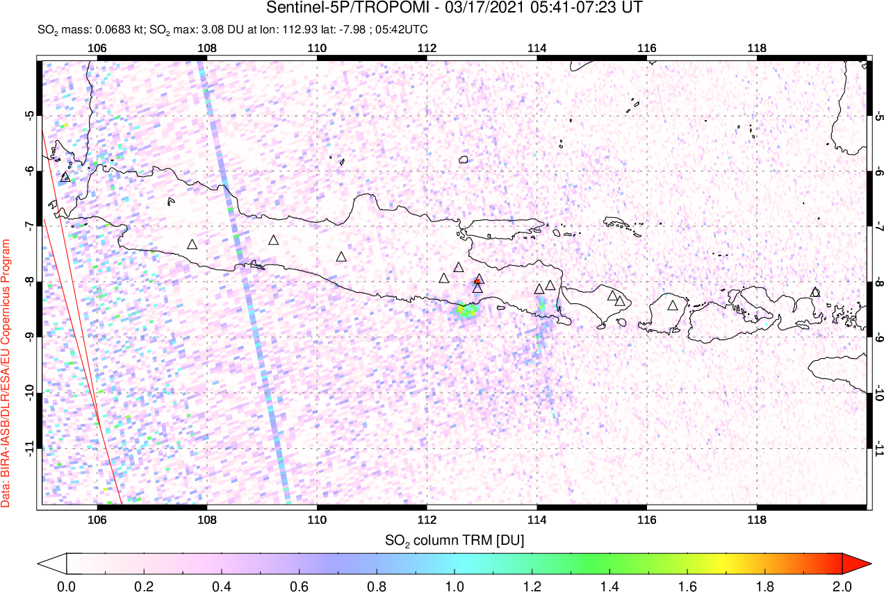 A sulfur dioxide image over Java, Indonesia on Mar 17, 2021.