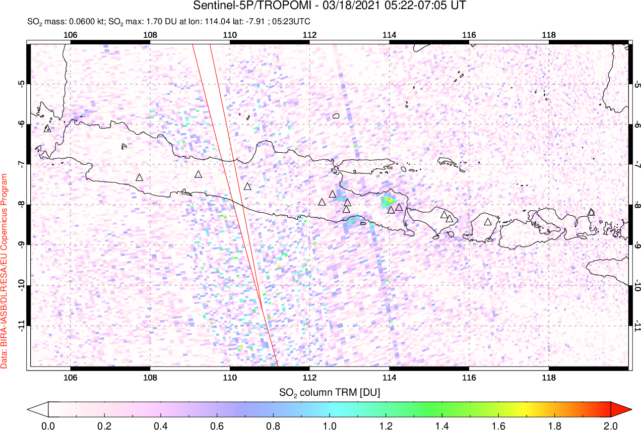 A sulfur dioxide image over Java, Indonesia on Mar 18, 2021.
