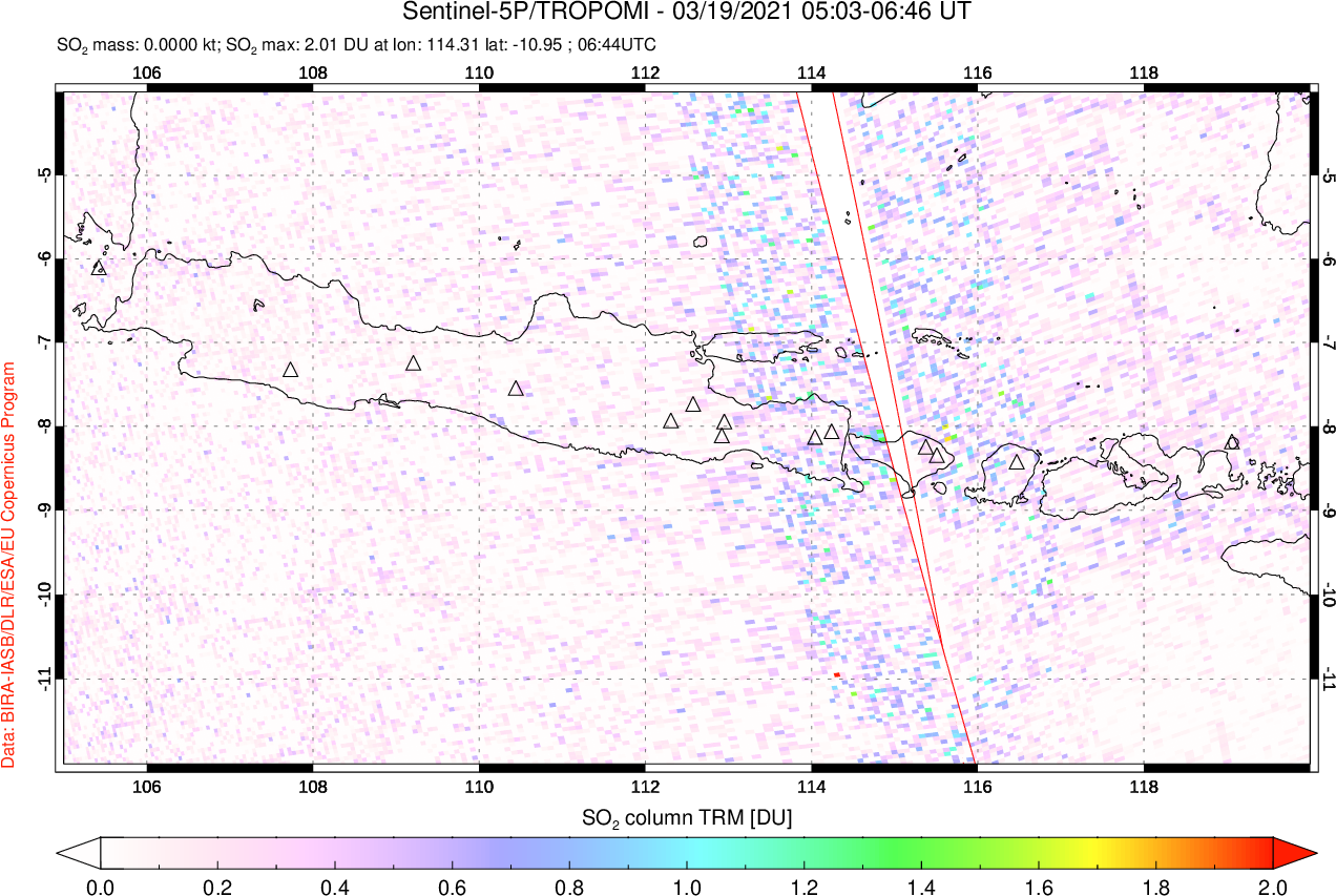 A sulfur dioxide image over Java, Indonesia on Mar 19, 2021.