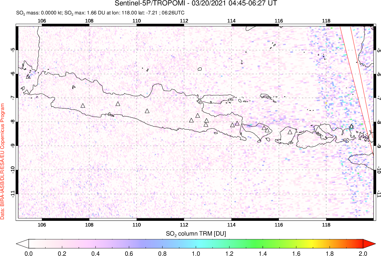 A sulfur dioxide image over Java, Indonesia on Mar 20, 2021.